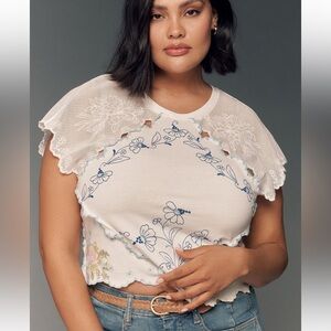 Anthropologie White and Blue Floral Crop Top